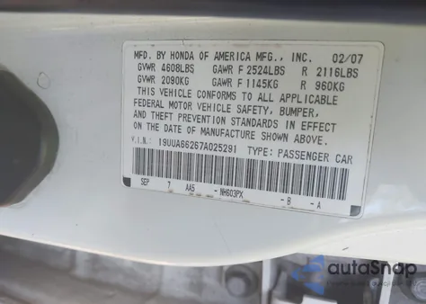 2007 Acura Tl 3.2 z USA, uszkodzony, nr VIN 19UUA66267A025291